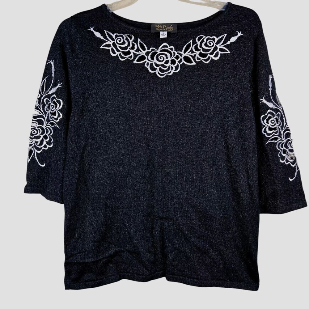 Bob Mackie Women's Top Sz L Black Embroidered White Floral Cutout Metallic